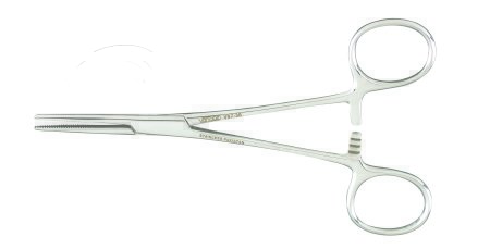 Forceps Hemostatic Vantage® Kelly 5-1/2 Inch Length Floor Grade Stainless Steel NonSterile Ratchet Lock Finger Ring Handle Straight Serrated Tips by Integra York PA, Inc. (Miltex)  ID V97-36